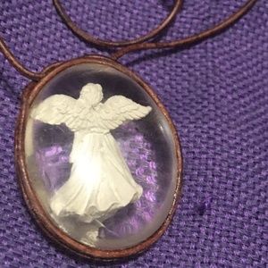 SALE! Leather-wrapped Angel in Lucite Necklace.
